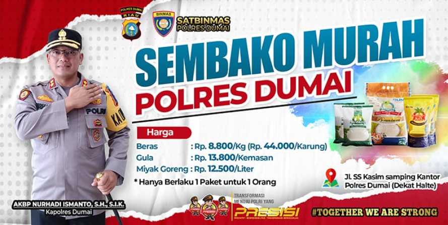 Polsek Jajaran Polres Dumai Mendirikan Stand 'Sembako Murah Wak Bhabin Polsek Jajaran Polres Dumai'.